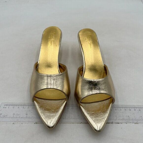 Milooey shoes Women's  Kitten Heel Mules Open Pointed Toe Slide Sandals  Gold - Picture 3 of 8